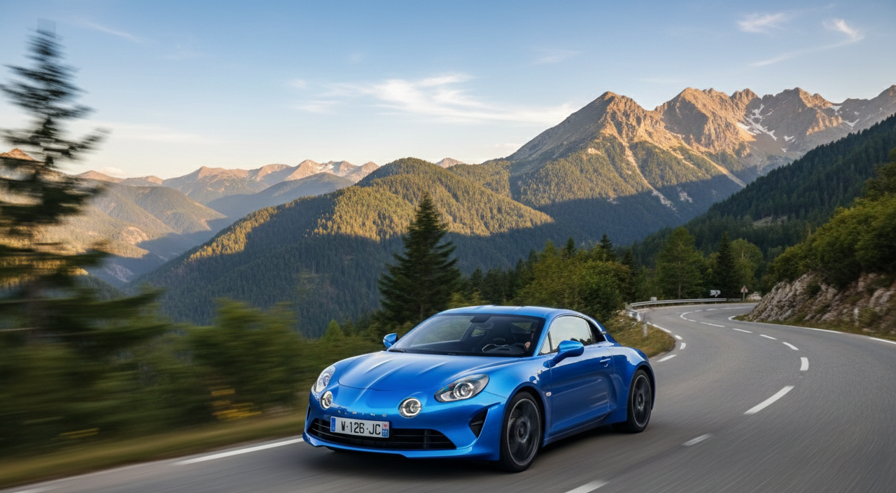 Une Alpine A110 bleue circulant sur une route de montagne sinueuse avec des sommets rocheux et des forêts de sapins en arrière-plan, sous un ciel clair de fin de journée.