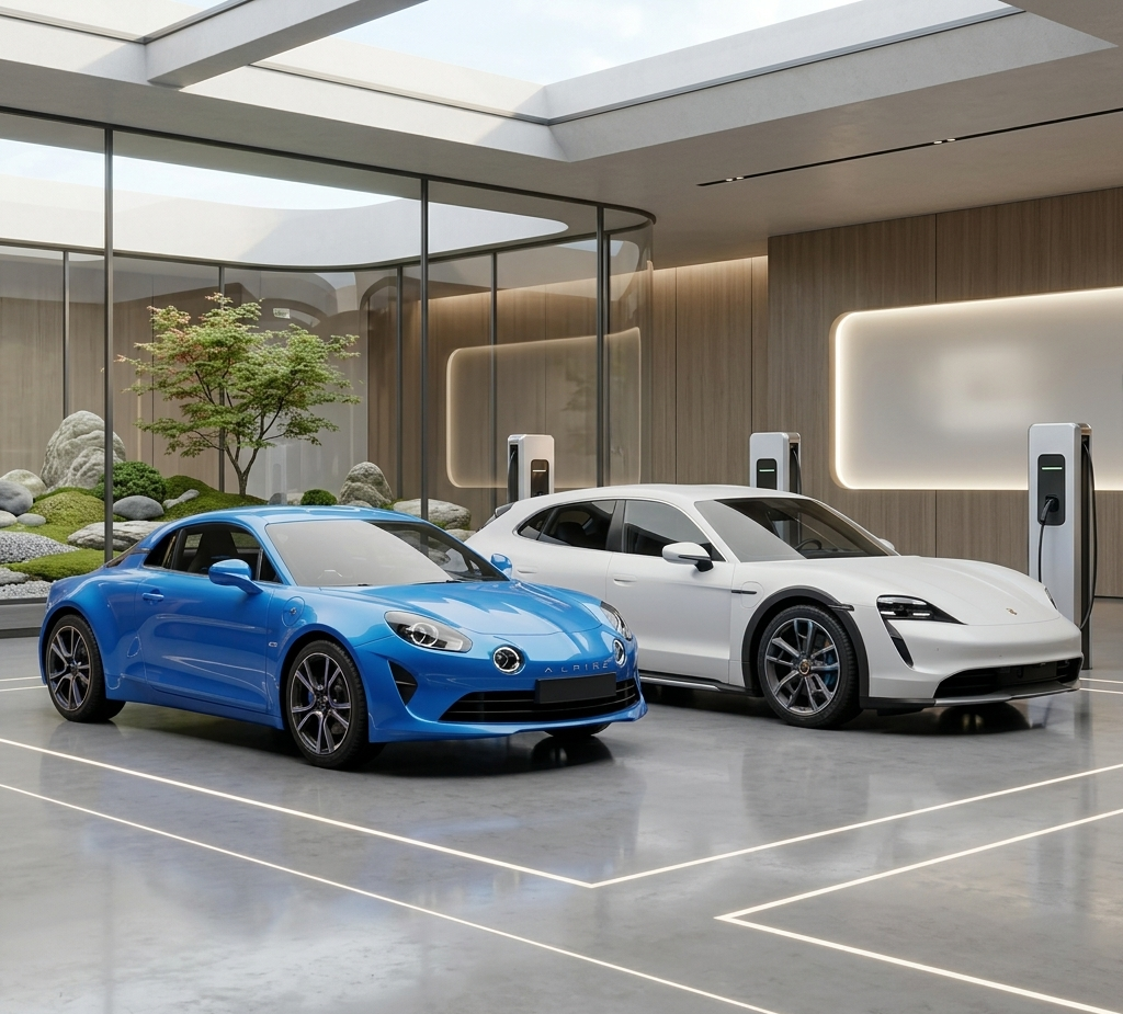 Une Alpine A110 bleue et une Porsche Taycan blanche stationnées dans un showroom de luxe moderne avec bornes de recharge, illustrant un service de location de voitures premium.