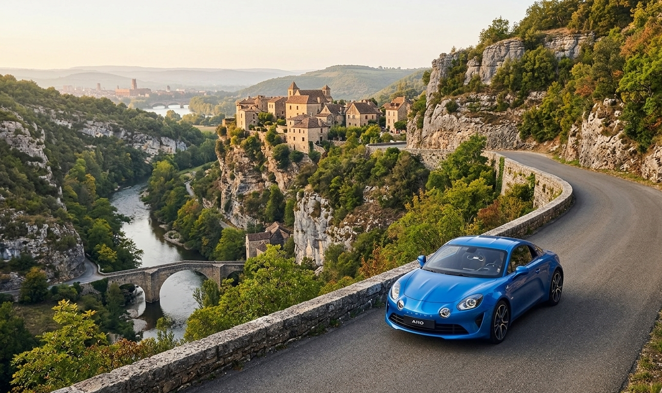 Une Alpine A110 bleue moderne circulant sur une route de corniche sinueuse surplombant un village médiéval perché et la rivière Aveyron dans une vallée verdoyante.