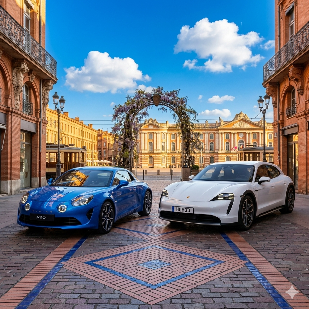 Une Alpine A110 bleue et une Porsche Taycan blanche garées sur une place pavée à Toulouse, avec le Capitole en arrière-plan sous un ciel ensoleillé.