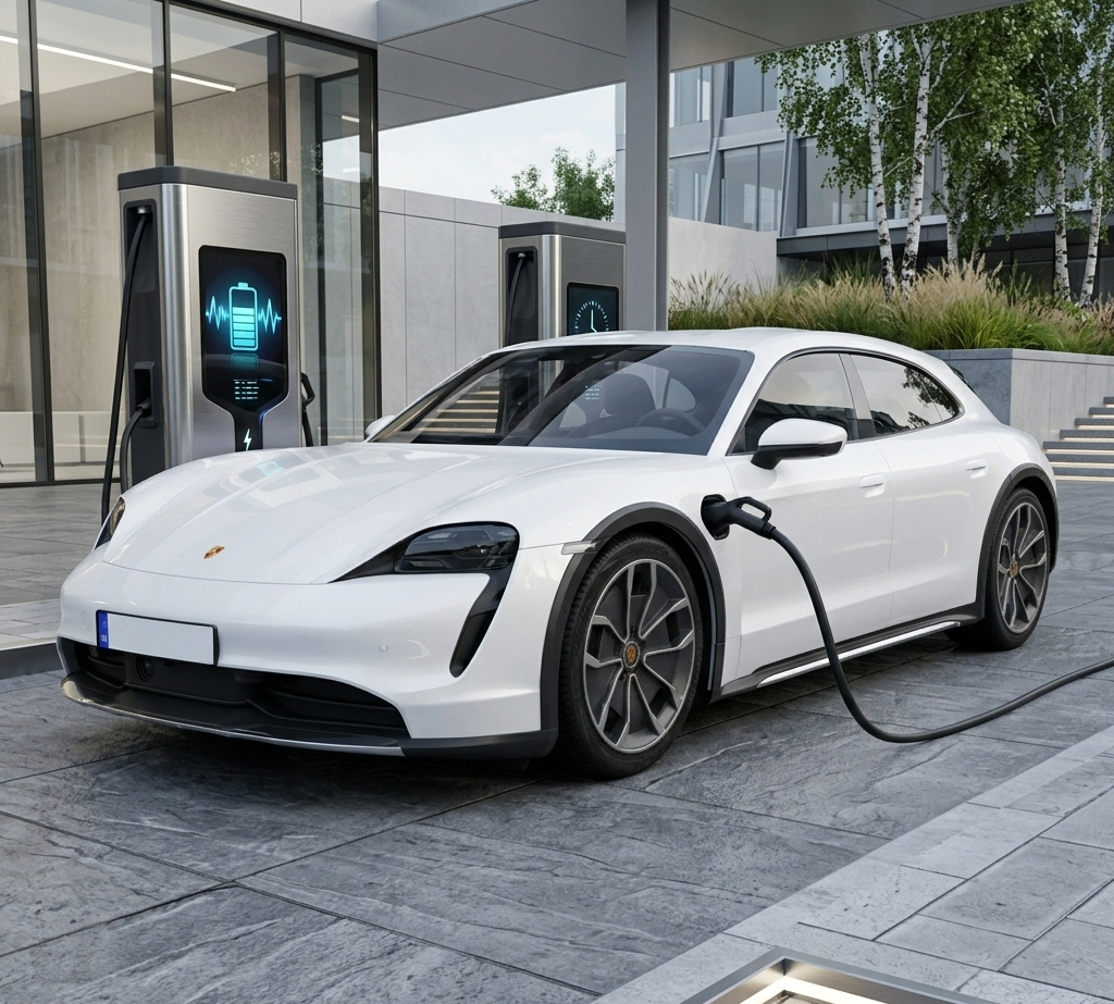 Porsche Taycan Cross Turismo blanche en cours de recharge sur une borne rapide dans une station moderne.
