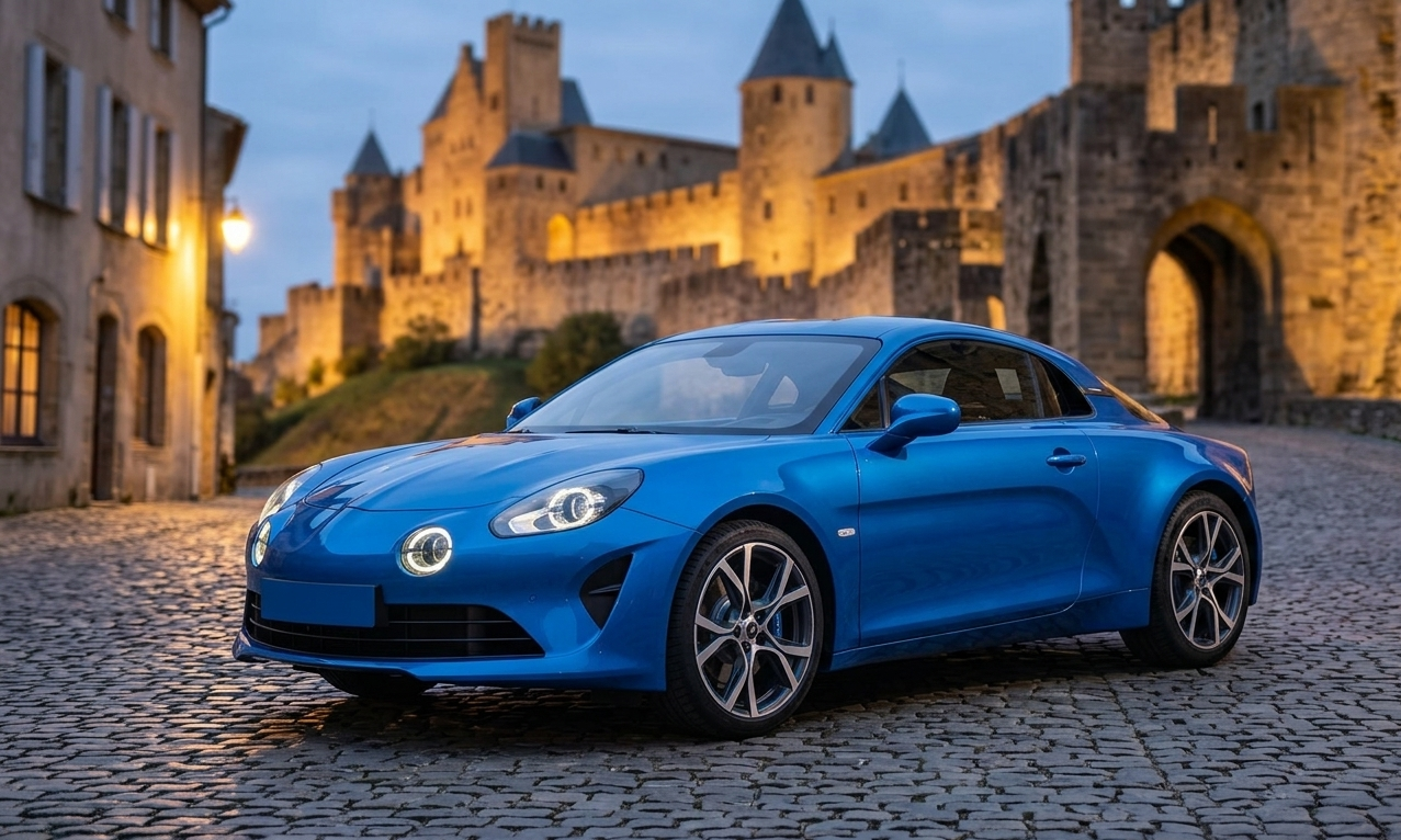 Une voiture de sport Alpine A110 bleue garée sur des pavés devant les remparts illuminés de la cité médiévale de Carcassonne au crépuscule.