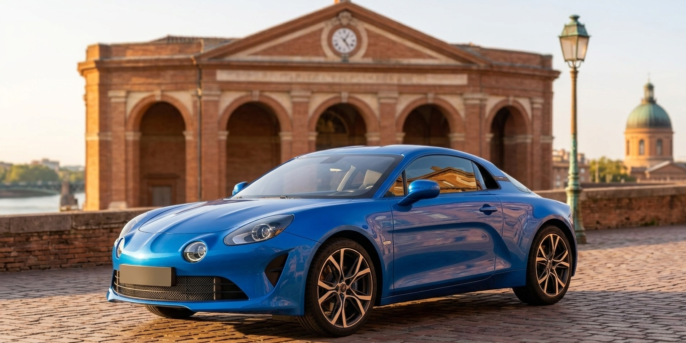 Alpine A110 bleue stationnée sur une place pavée à Toulouse devant un bâtiment historique en briques roses
